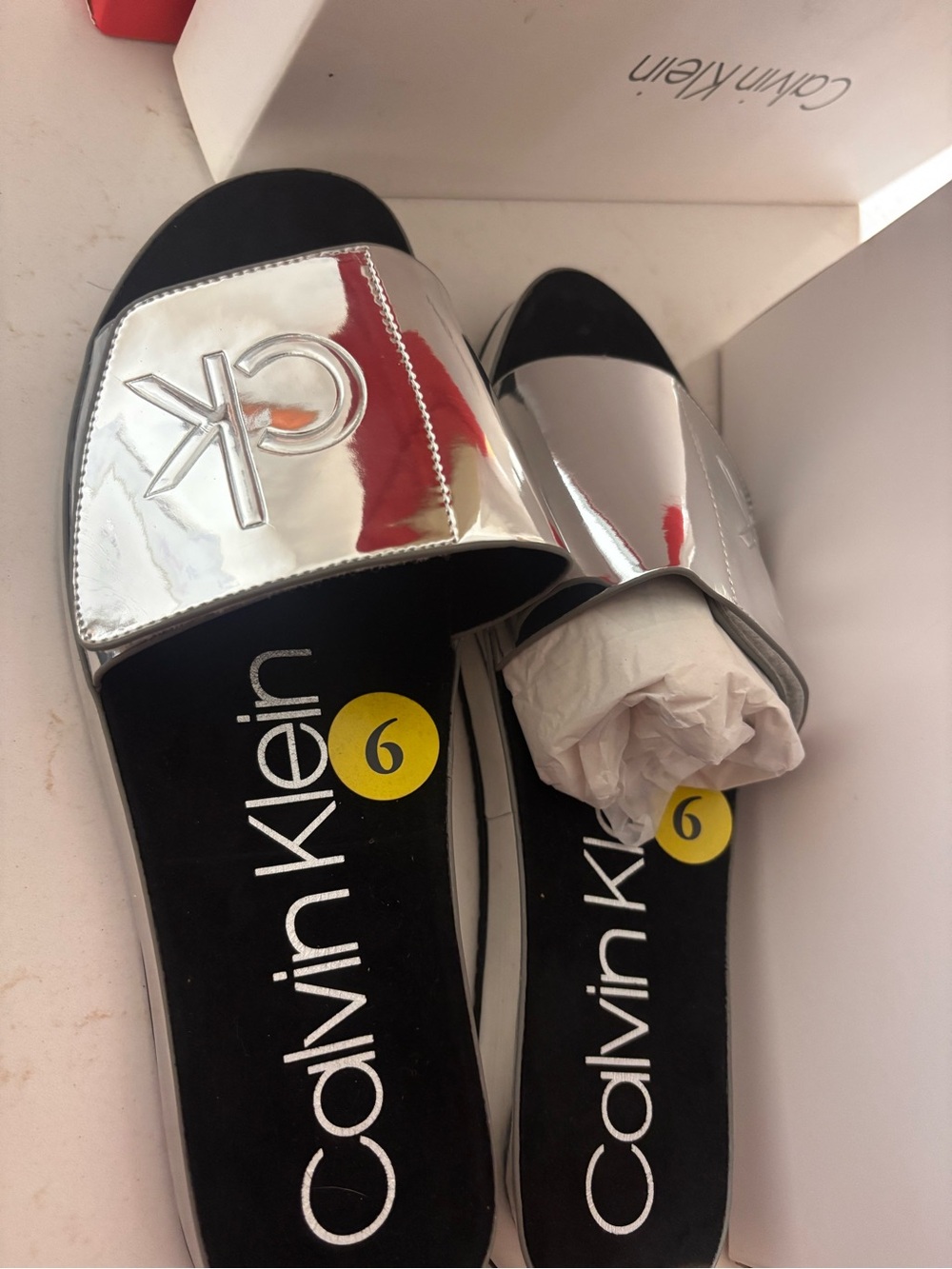 Calvin Klein Silver Mirror Logo Slide Sandals - Women's